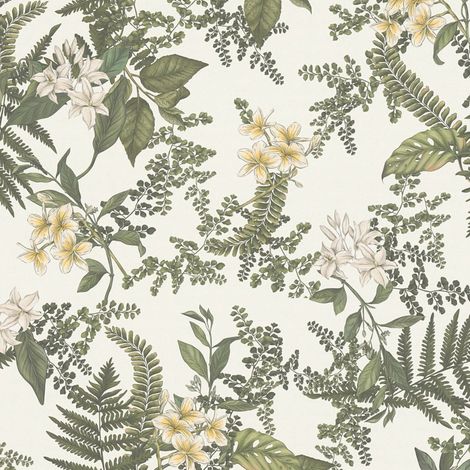 Papier peint floral Profhome 394243 papier peint intissé gaufré à chaud légèrement texturé avec des ornements floraux mat blanc vert-foncé jaune 5,33 m2
