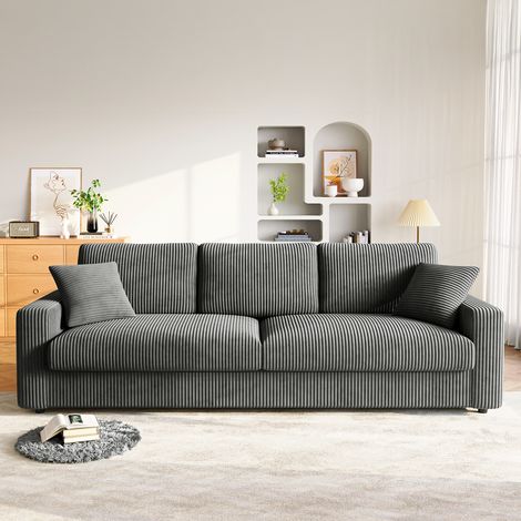 Divano grande in velluto a coste con 2 cuscini - Grigio - 256 x 89 x 88 cm - Divano dritto a 3 posti
