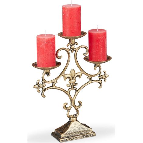 Chandelier, 3 Branches, Porte Grosses Bougies, Vintage, en Fonte de Fer, 28,5x23x7,5cm, doré (1/5)