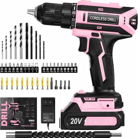 Perceuse Visseuse Sans Fil, Tournevis électrique sans fil 20V avec 25+1 Couple, Visseuse Devisseuse Couple maximal 42Nm, Lampe LED de Travail, Kit de Perceuse-visseuse de 56 pièces, Adapté DIY, Rose (1/5)
