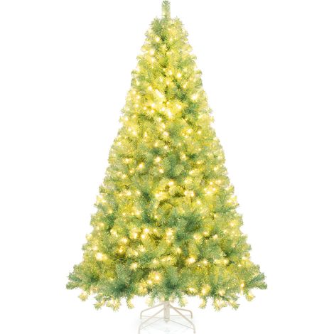 225 cm Arbre de Noël Pré-éclairé, Sapin de Noël Artificiel avec 1300 Pointes de Branches, 550 lumières LED Blanc Chaud, 8 Modes, Socle Métallique,Vert