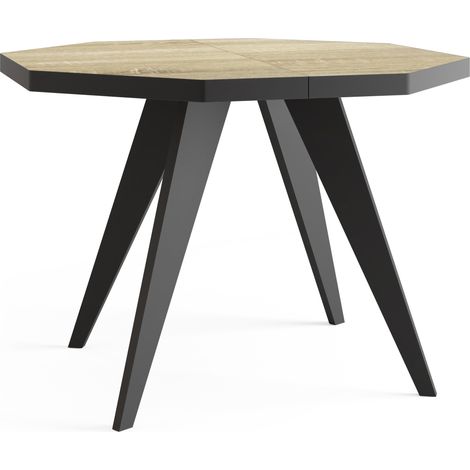 Moderner Runder Ausziehbarer Esstisch Diamond mit Schwarz Holzbeinen – Erweiterbar bis 150 cm, ideal für 4 bis 6 Personen - Loft-Stil Tisch für Küche - Sonoma Eiche