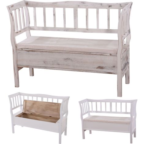 Banc banquette de rangement T207 bahut coffre avec coussin - bois blanc shabby chic (1/5)