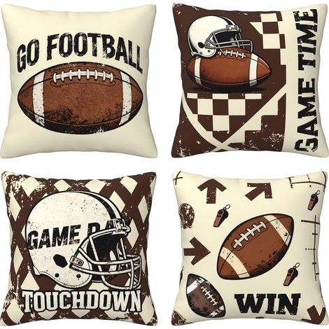 Housses de coussin de football américain, lot de 4 (45x 45 cm), motif match de football américain, pour canapé (marron) (1/5)