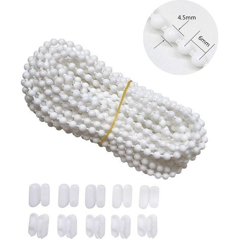 Chaînette de store de 10 mètres avec 10 connecteurs, cordon à billes, cordon pour stores vénitiens verticaux, pièces de rechange, accessoires de réparation (Blanc) (1/4)