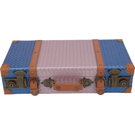 Valise Décorative Vintage Motif Tissé Bleu Rose PU Bois Composé Boîte de Rangement Élégante pour Maison Photo (1/5)