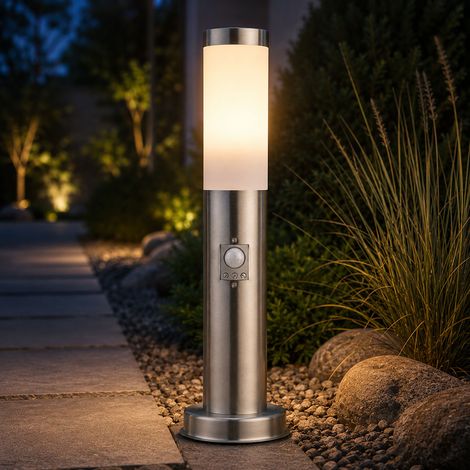 Lampione da giardino con rilevatore di movimento, piantana da esterno, piantana, rilevatore di movimento, illuminazione vialetto, pavimento da esterno, con picchetto, acciaio inox, 1xE27, DxH 12,7x 45 (1/5)