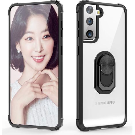 CUSTODIA PER SAMSUNG GALAXY S21+ CORNICE NERA RETRO TRASPARENTE + ANELLO (1/5)