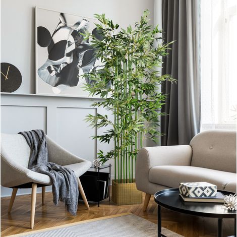 Bambù artificiale 180 cm, pianta decorativa da interno ed esterno, vaso in legno di pino HAVRYA (1/5)