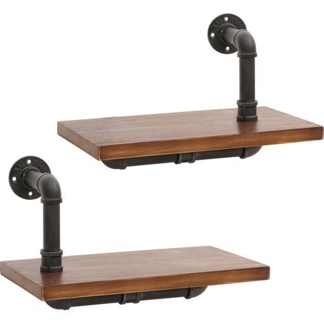 [JAMAIS UTILISÉ] Lot de 2 étagères murales HHG-077, étagère suspendue étagère à livres, structure 3D industrielle acier bois massif 29x45x25cm, brun