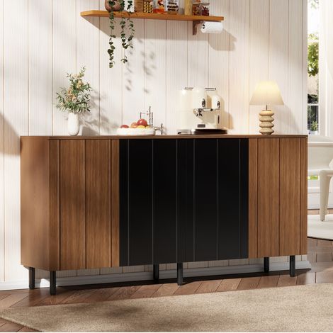 Buffet de cuisine 160x35x80 cm noyer et noir en panneaux de particules avec 4 portes et étagères réglables (1/5)