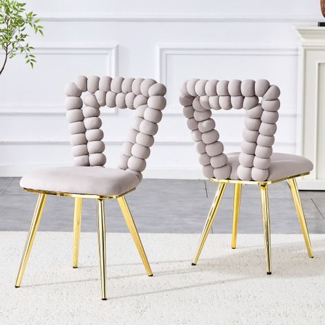 Chaises de salle à manger en velours gris clair (lot de 2) – Dossier ajouré triangulaire, pieds en métal doré, robustes pour salles à manger, vestiaires et salons