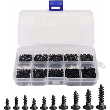 1000 Pcs mini vis à bois cruciformes auto-taraudeuses à tête ronde Mini vis M1 M1.2 M1.4 M1.7 Vis à Bois Cruciformes Assortiment Micro vis de haute Précision avec Boîte de Plastique-Noir (1/4)