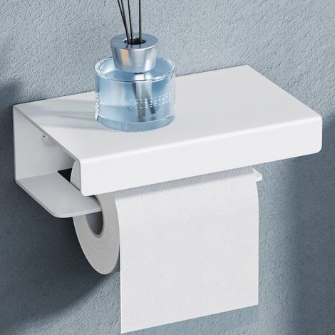 Support de Rouleau en Alliage d'Aluminium Porte-Papier Toilette Dérouleur Mural avec Étagère pour Rangement WC Blanc Sablé 200×130×65 MM Lino-05 (1/5)