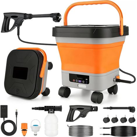 Nettoyeur haute pression électrique portable avec réservoir d'eau de 13 litres et buse multifonctionnelle 6-en-1, 7 niveaux de pression réglables, nettoyeur à jet avec roues pour voiture (1/5)