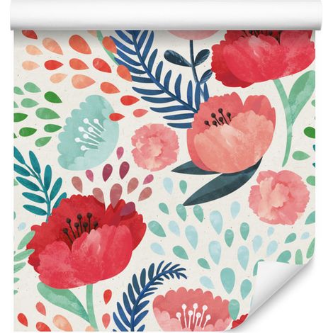 Papier peint vert à motifs de coquelicots rétro pour salon et chambre 50x1000 cm (1/5)