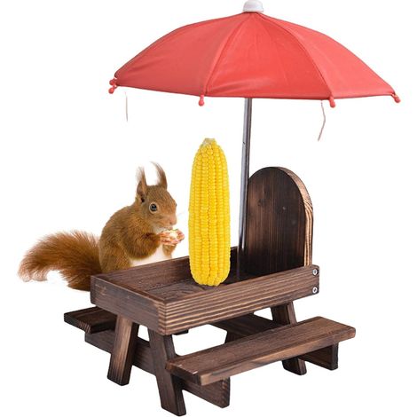 1 Mangeoire pour écureuils, Bois de pin, Avec parapluie rouge et support de maïs, Pour jardin et arbre