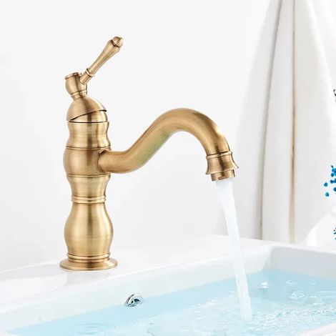 Robinet de lavabo (court en laiton antique), mitigeur blanc à poser sur comptoir en laiton, court/long (1/2)