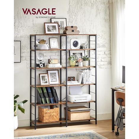 Vasagle – Bibliothèque 6 niveaux 30 x 120 x 172,5 cm – Panneau aggloméré et acier – Marron rustique et noir – Dispositif anti-basculement – LLS114B01