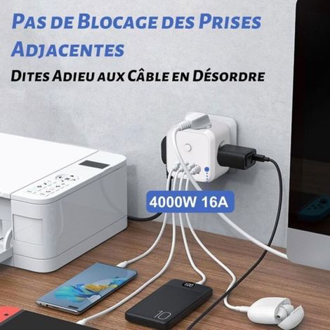 Multiprise Cube - 3 Prises AC 4000W - 4 Ports USB - Interrupteur Intégré - Blanc - 7 6 Cm (1/4)