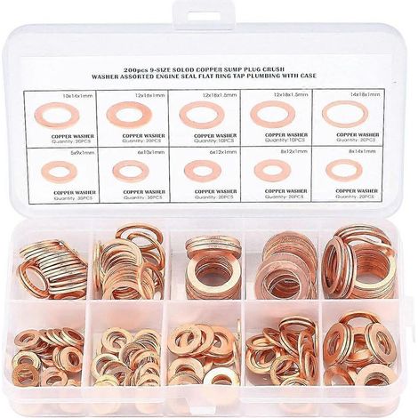 Cuivre Rondelles Métal, Joints Bague D'tanchit, Rondelles Plates, Joint Torique avec Bote pour L'tanchit - 200 Pcs/M5 M6 M8 M10 M12 M14