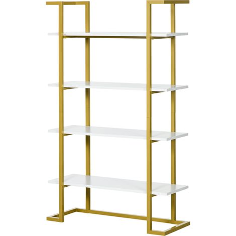 HOMCOM Scaffale Libreria 4 Livelli Salvaspazio Multiuso Acciaio e MDF Bianco Oro (1/5)