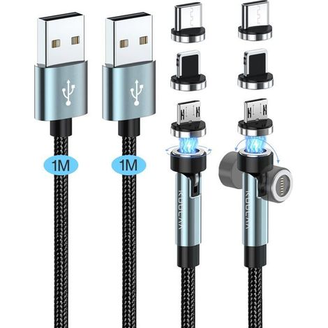 Lot de 2 câbles magnétiques 3 en 1 (1m + 1m), charge rapide 3A, transfert de données, 360° et 180°, pour Type C, Micro USB, iPhone (1/5)