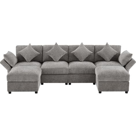 Sofá modular en U/L de chenilla con 2 pufs, gris (1/5)