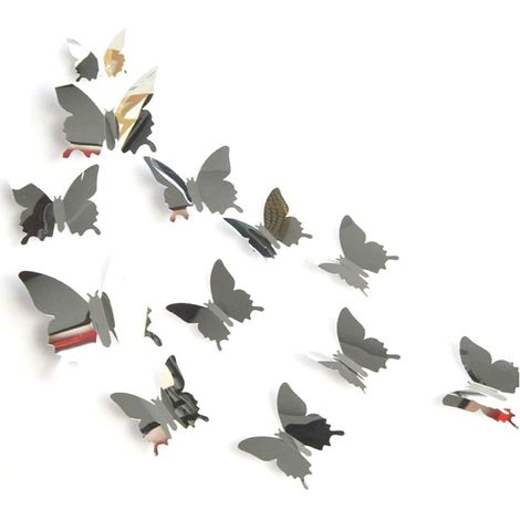 24 Pièces 3D Miroir Papillon Art Stickers Muraux Décoratifs Décor à la Maison (Argent) (1/5)