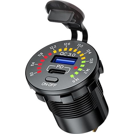 Cargador de coche QC3.0 de 36 W y 12 V resistente al agua con doble puerto USB, enchufe USB PD e interruptor de encendido/apagado (1 unidad) (1/3)