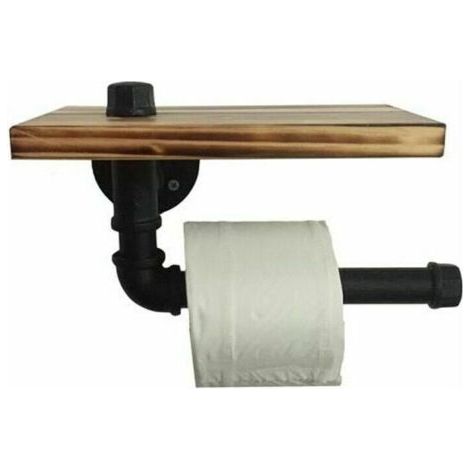 Porte-rouleau en Papier Toilette Design Rétro Métal Tube Étagère Ensemble de Rangement avec Plateau en bois Noir (1/3)