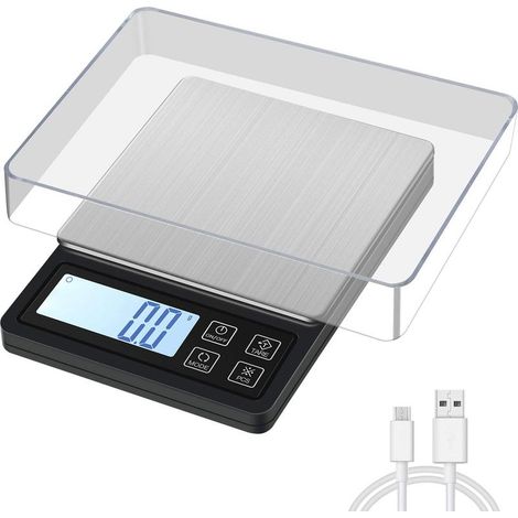 Balance de Précision avec Cable USB, 3 kg/0.1 g Balance de Cuisine Numérique Balance de Poche, Balance de Bijoux avec Fonction Tare et Compte, écran LCD Rétroéclairé- (1/5)