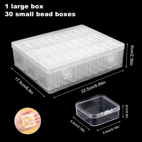 30 kleine Aufbewahrungsboxen mit Deckel, transparente Perlenboxen, Maße 5,5 x 5,5 x 2 cm 1 große Aufbewahrungsbox für Schmuck und Bastelbedarf. (1/4)