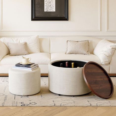 Ensemble de tabourets gigognes  (2 pièces) avec rangement, repose-pieds recouvert de lin et étagère en bois, table basse ronde de 58 cm et banc, beige