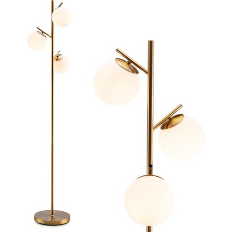 Goplus – Lampadaire sur pied doré avec interrupteur au pied – Abat-jour en verre 3 globes – Métal, 169 cm, culot E27, 40W max (1/5)