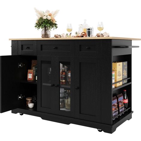 Îlot de cuisine avec table rabattable, meuble de rangement, vitrines en verre trempé, étagères latérales et séparations réglables, noir et bois clair – CHICFURN (1/5)