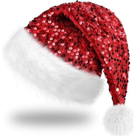 Bonnet de Père Noël à paillettes pour adultes - Bonnet de Père Noël scintillant, couvre-chef festif pour les fêtes de Noël et du Nouvel An (1/5)