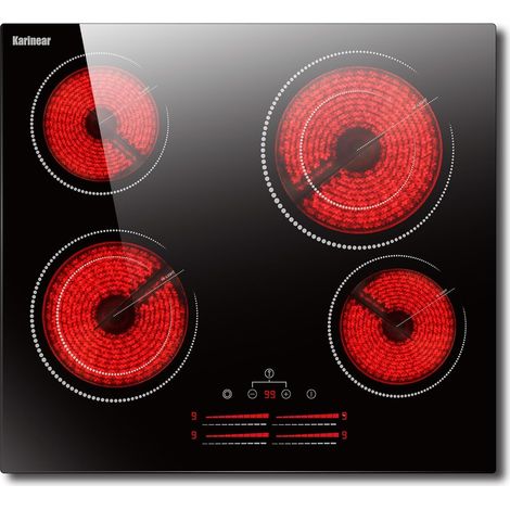 Karinear - Plaque Vitrocéramique Karinear 60 cm avec Zones de cuisson à Double Anneau, Plaque de Cuisson Vitro 4 Feux avec Curseur de Lumière, Sécurité Enfant, Minuterie, 220V-240V, 6600W, Sans Prise (1/5)
