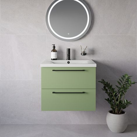 Napoli 460 Olive Green 600mm Wall Mounted 2 Drawer Vanity Unit with Glide Basin - 600mm - Matt Black 320mm Handle