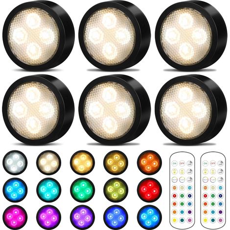 LED Wireless Cabinet Light, Adhesive Battery LED Spotlight with Remote Control RGB Colour for Wardrobe (Pack of 6 Black) (1/5)