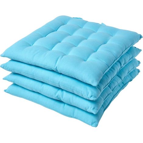 HOMESCAPES Light Blue Plain Seat Pad with Straps 100% Cotton 40 x 40 cm, Set of 4