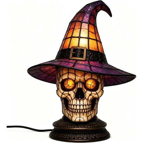 Lampe gothique d'Halloween avec chapeau de sorcière, lampe de table décorative style vintage, veilleuse LED pour chambre, étagère et table en forme de crâne (1/5)