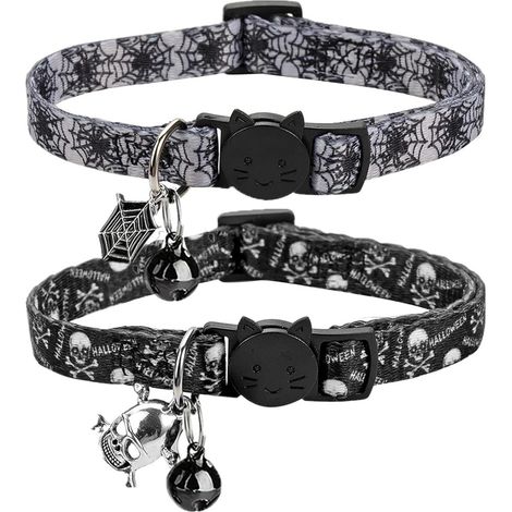 Lot de 2 colliers gothiques pour chat avec clochette, toile d'araignée et tête de mort, colliers d'Halloween avec clochette, accessoires gothiques élégants pour chiens et chats de petite et (1/5)