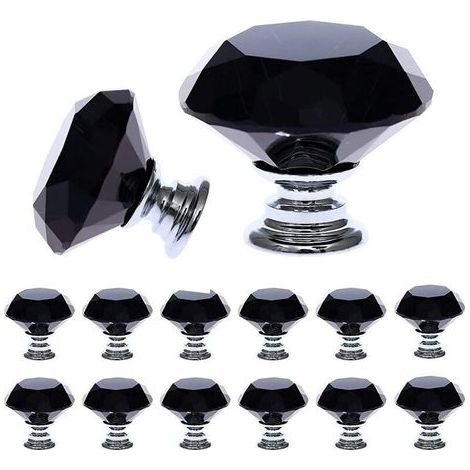 pair 12 Pièces Noir Cristal Verre Meuble Poignées (30 mm), Bouton de Meuble avec de taille, Bouton de Porte, Tiroir de Poignée, Poignée de Portes pour Cuisine, Bureau, Chambre, Placard