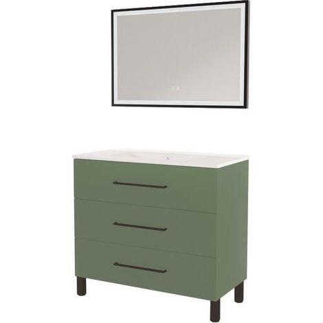 ONDEE ZEN - Meuble à poser MONACO - Dim 90cm - Vert Sauge - Mir SELENA - Poignées noires