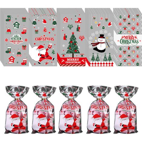 50 sachets cadeaux de Noël en cellophane, transparents, avec attaches pour bonbons et friandises, parfaits pour les fêtes de Noël.