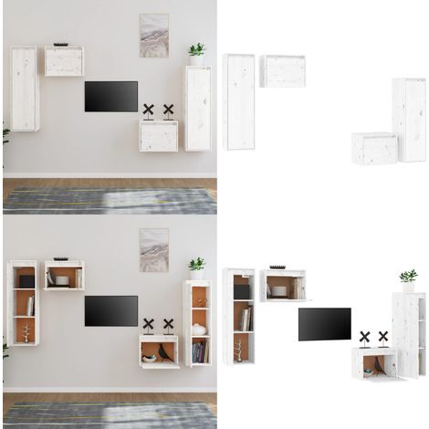 Meubles TV 4 pcs Blanc Bois massif de pin - Meuble Tv - Meuble Suspendu - Rangement Mural - Bibliothèque Murale - Décoration Murale - Home & Living
