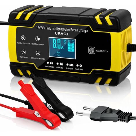 Chargeur Batterie Voiture 8A Intelligent, 12/24V Chargeur Batterie Moto avec Réparation Intelligent, Mainteneur de Batterie avec Écran LCD, pour Voiture, Gazon, AGM, Gel, SLA(4-150 AH)(Jaune) (1/5)