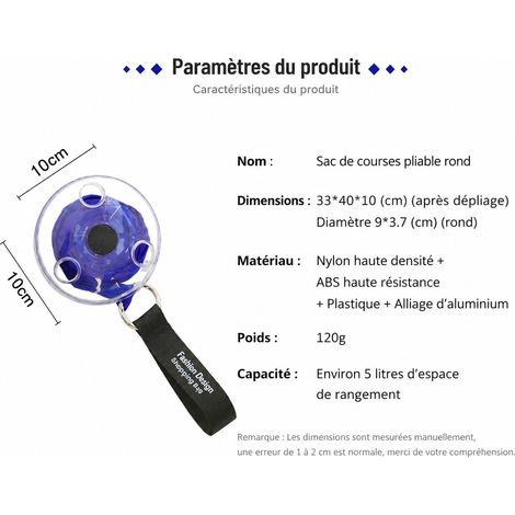 Sac de Courses Pliable Rétractable Bleu Vif en Polyester 190T Imperméable, 33 x 40 x 10 cm, se Replie en Disque Compact pour le Sac à Main (1/5)