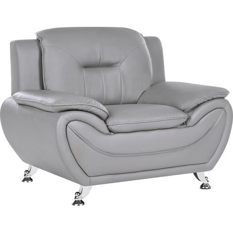 Sillón moderno salón piel vegana ecológica acolchado grueso patas plateadas gris Leira